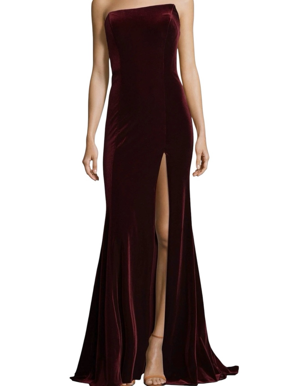 Betsy Adam Strapless Velvet Gown in Burgundy